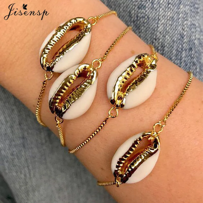 Jisensp золотые Cowrie ракушки браслеты для женщин Богемские драгоценности ручной