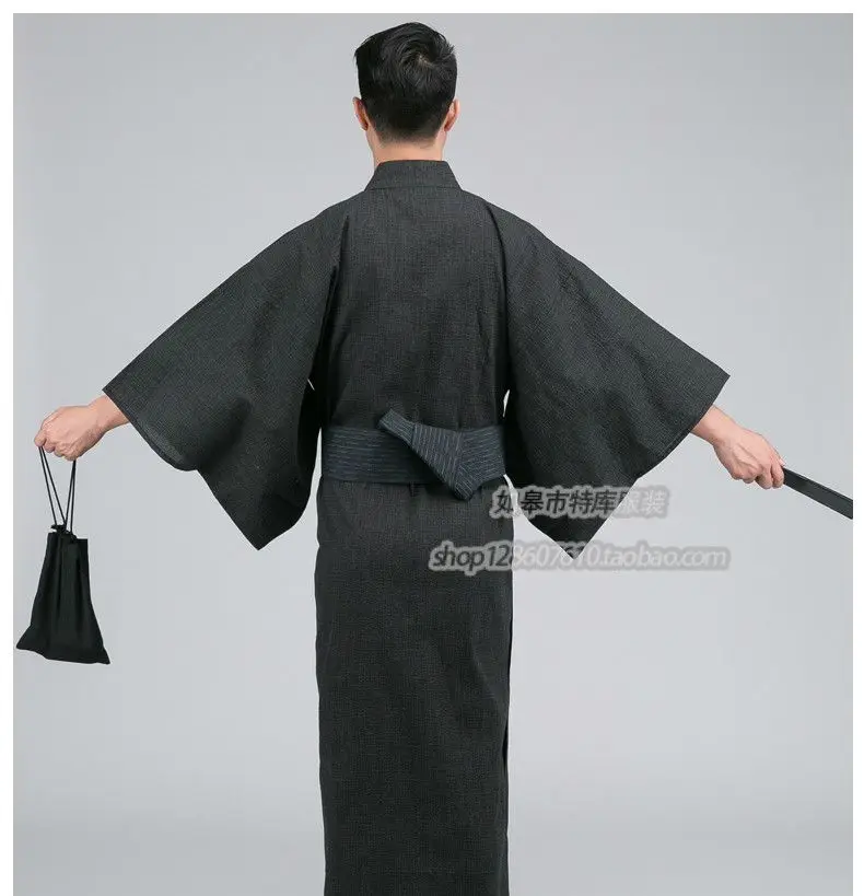 

Autumn Traditional Japanese Kimono with Obi and bag Mens 100% Cotton Bathrobe Male Kimono Sleepwear Robe 101101