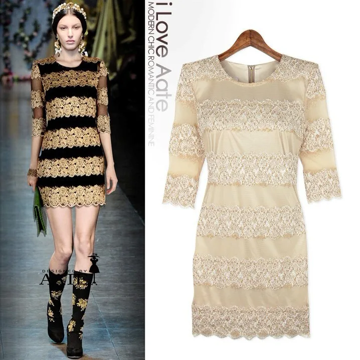 Free Shipping New European style lace roses wide stripe round neck elastic pleated skirt dress | Женская одежда