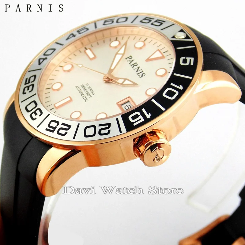 Мужские наручные часы Parnis автоматические сапфировые с белым циферблатом 42 мм|watch