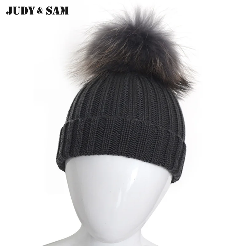 100% шерсть мериноса вязаная крючком зимняя шапка с помпон из меха енота шапочки