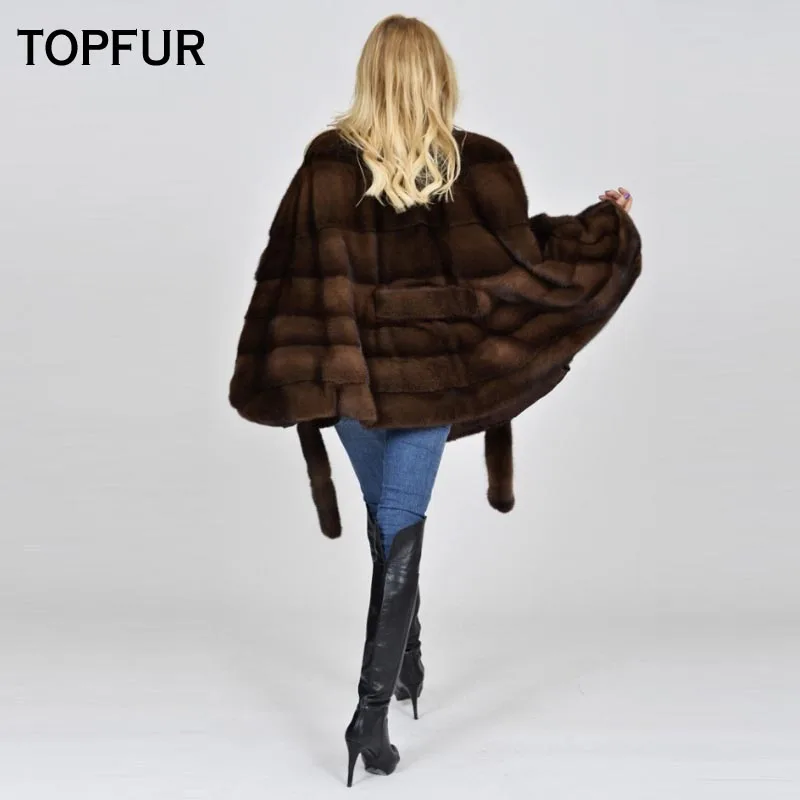 Женская короткая шуба TOPFUR коричневая из натурального меха норки с рукавом