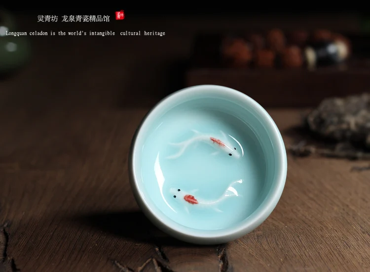 Китайский Селадон Фарфор Longquan чайные чашки чайный горшок Золотая Рыба чашка чая, кружка 60 мл китайский чайный сервиз кракле чайный сервиз Прямая поставка