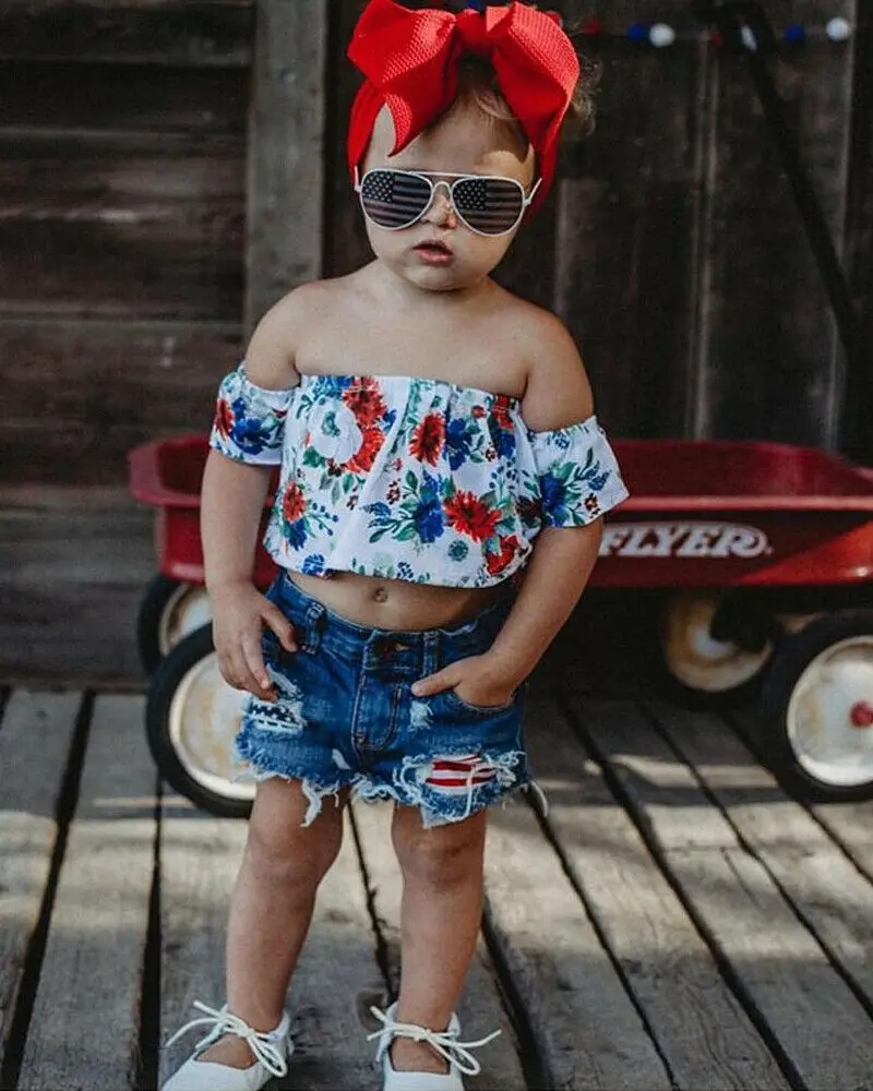 Летняя одежда для маленьких девочек комплект из 2 предметов топы с открытыми