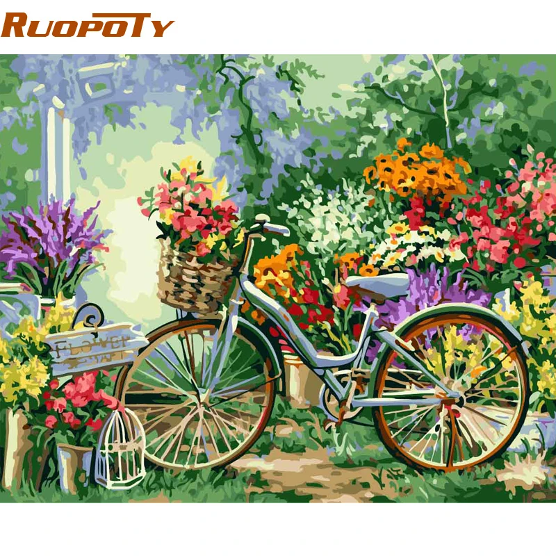 RUOPOTY Frame DIY Painting By Numbers Bicycle Flowers Kits Acrylic Paint Hand painted Oil For Home Decor | Дом и сад