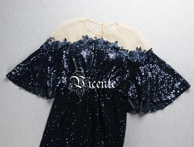2020 New Chic Elegant Appliques Sheer Mesh Splicing Purple Sequins Design Half Sleeves O Neck Celebrity Party Long Dress | Женская
