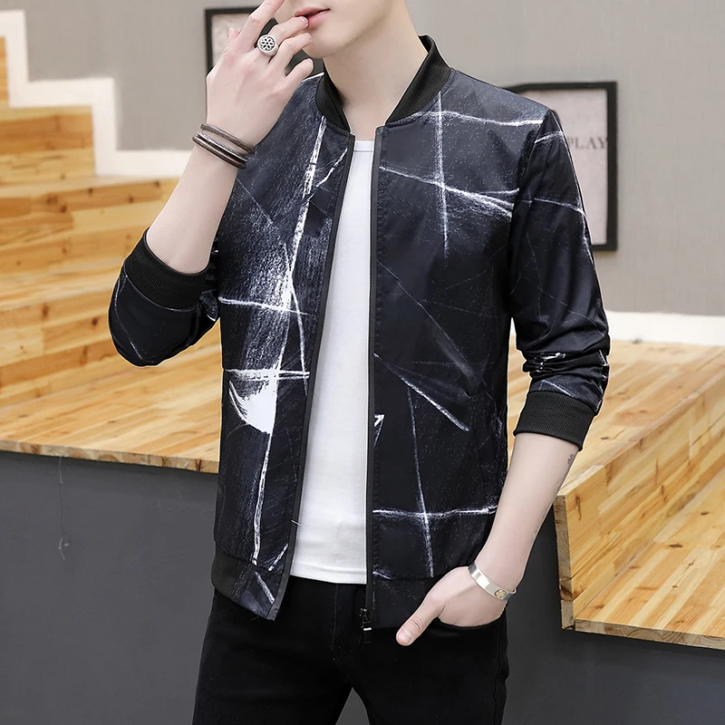 2019 новые мужские с принтом куртки весна осень модный бренд Slim Fit пальто мужской