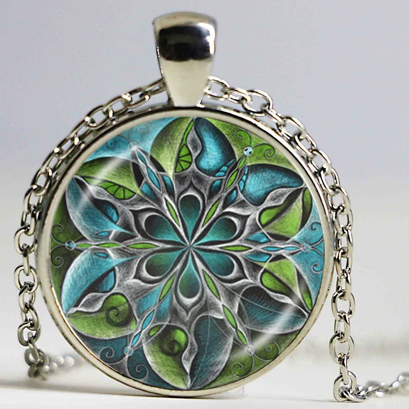 Ожерелье &quotцветок жизни&quot с изображением зеленых листьев и Мандала серебро