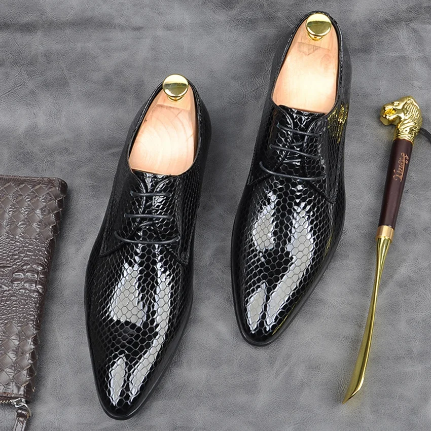 

Luxury Handmade Formal Dress Alligator Pattern Men's Derby Oxfords Shoes Patent Leather Pointed Toe Wedding Party Flats AM165