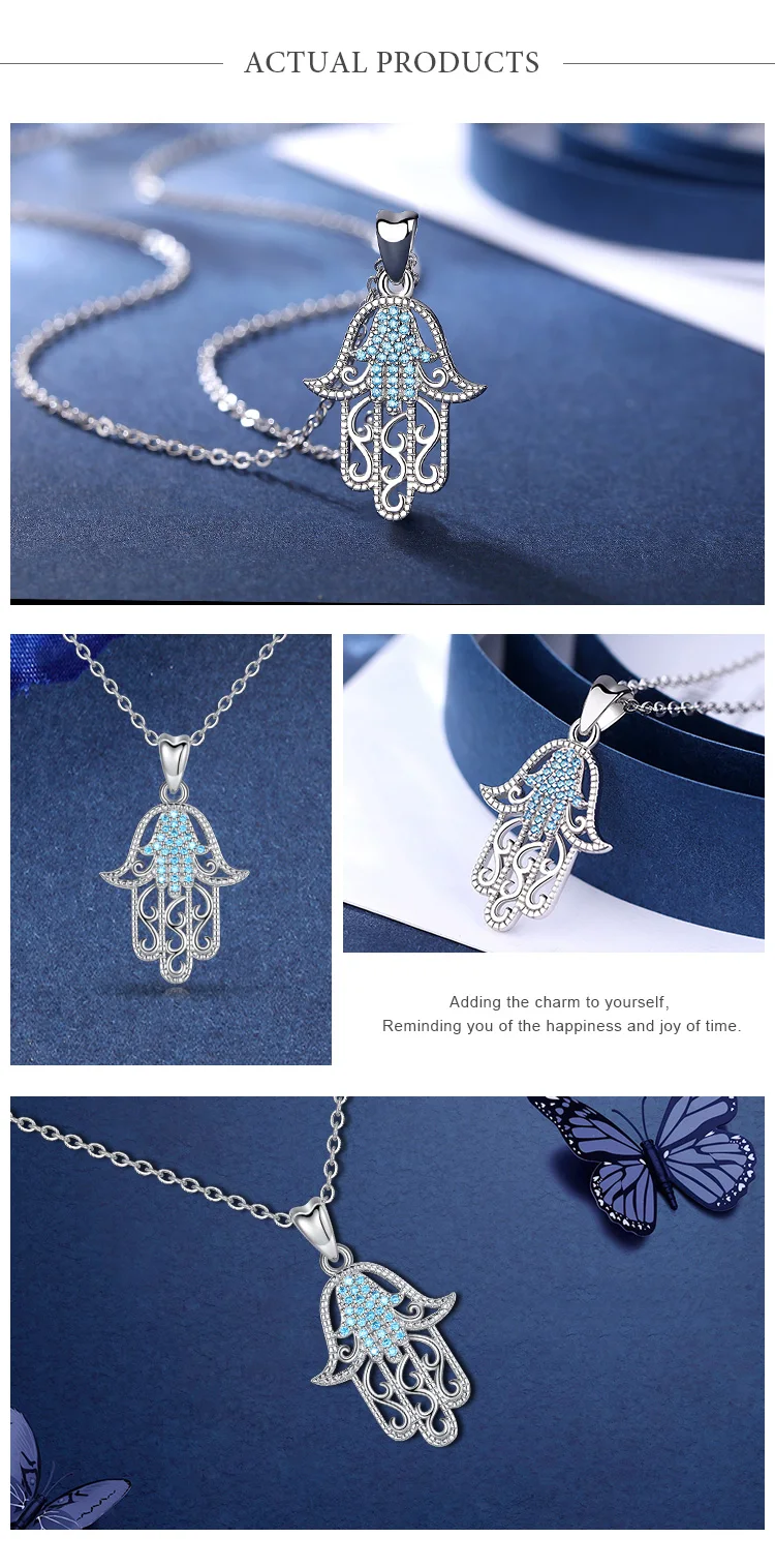 Authentic EUDORA, серебро 925 пробы, подвеска Фатима Хамаса, ожерелье с синим фианитом, очаровательное серебро 925, оригинальные ювелирные изделия D366