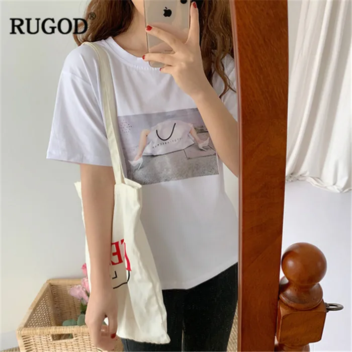 RUGOD Harajuku стиль женщины сумку печати футболка летние Круглая горловина хлопковые