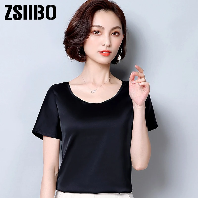 В винтажном стиле женская блузка 2019 летние шелковые офисные атласная рубашка в