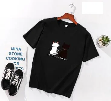 Black Женские футболки с принтом "Два кота", весна-лето, короткий рукав, круглый вырез, хлопок, спандекс, женские топы, футболки, облегающие Женские футболки - Цвет: Black