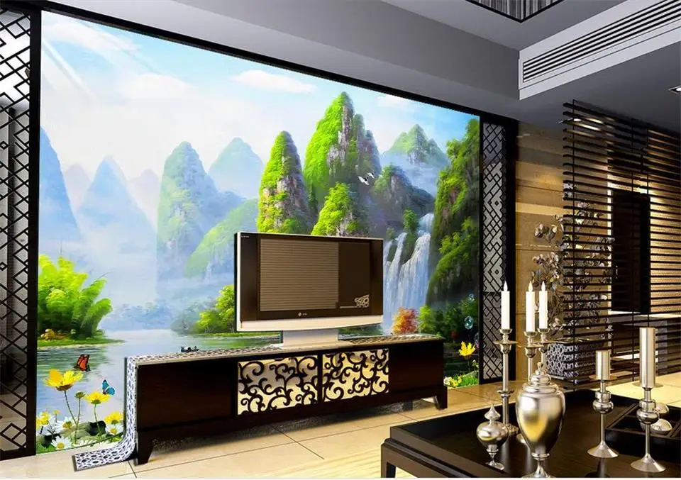 Пользовательские 3d фото обои комната росписи зеленый холм водопад река пейзаж