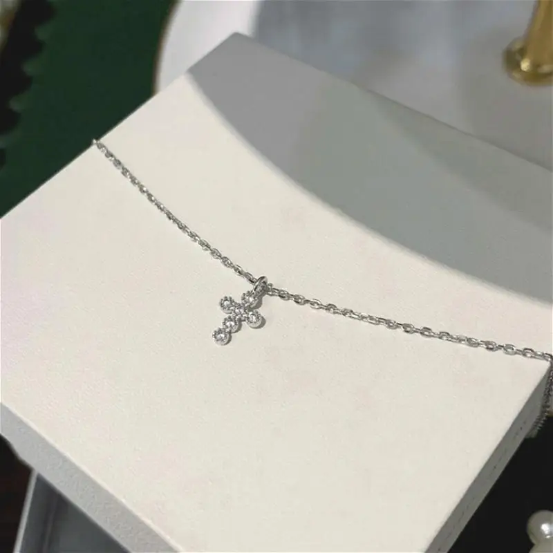 Fengxiaoling New Fashion 925 Sterling Silver Mini Cross Inlaid Zircon Pendant Necklaces For Women Yellow Party Necklace - Цвет камня: Серебристый