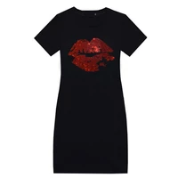 2022 new womens summer dress female rhinestone red lips silver lips short sleeve womens short dress free shipping