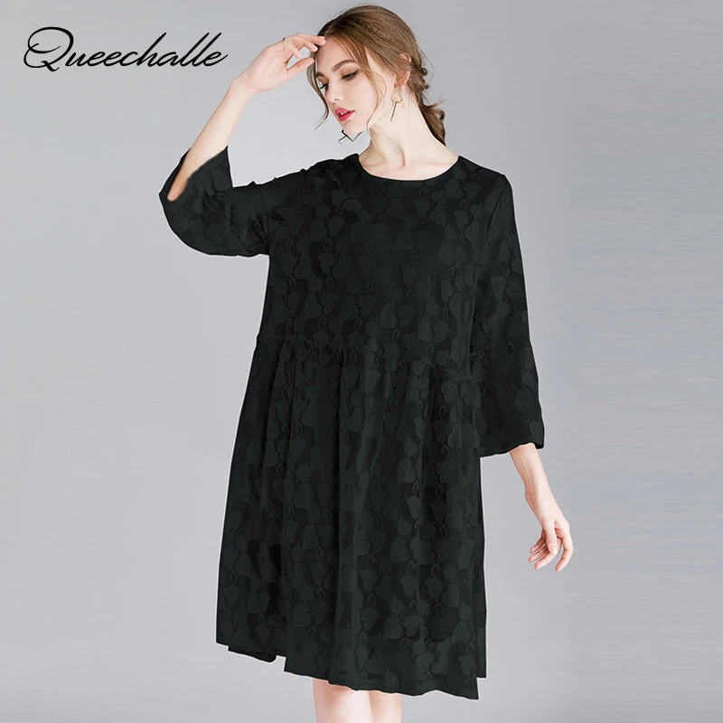 Blue Pink Black Lace Dress for Women Back Up Sweet Loose A-line Elegant Hollow 3/4 Sleeve Party Dresses Plus Size 4XL | Женская одежда