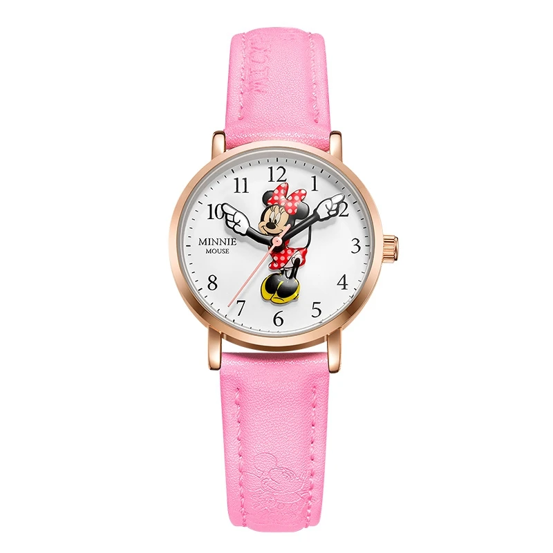 Pink leather Минни Маус девушки нейлон кожаный ремешок Япония Кварцевые водонепроницаемые наручные часы лучший бренд класса люкс Дисней леди милый лучший подарок часы - Цвет: Pink leather