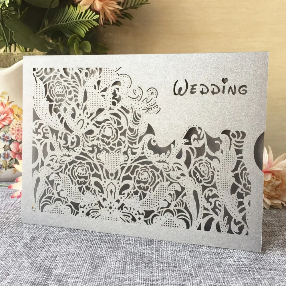 

30pcs New Wedding Invitations Navy blue Shiny pearl paper Laser cut Romantic Party Greeting Blessing Card with wedding words