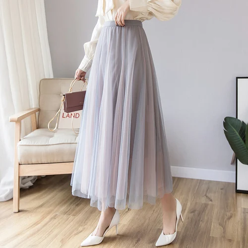 Blue Pink TingYiLi контрастная черная розовая Тюлевая юбка Корейская Элегантная Дамская Осенняя длинная юбка эластичная высокая талия удлиненная юбка-колокол Женская - Цвет: Blue Pink