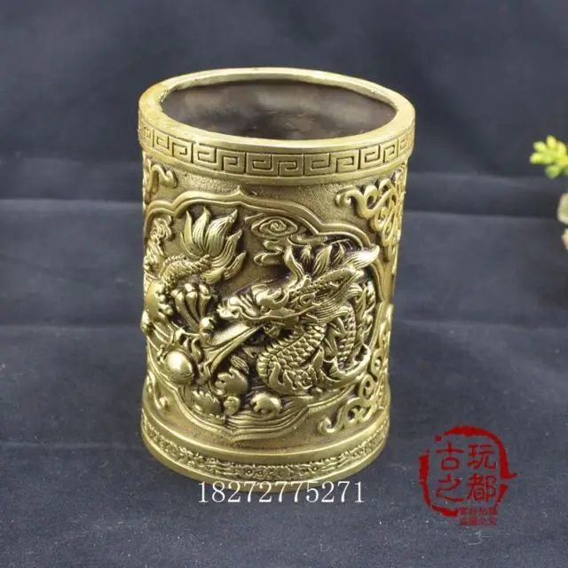 

China Antique Imitation pure copper boutique collection carving dragon The Pen container
