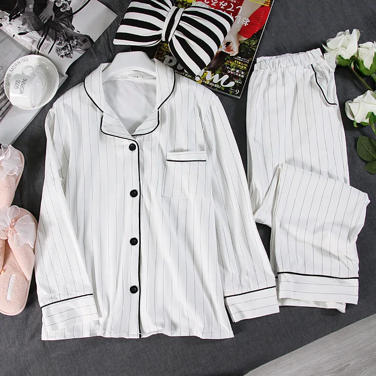 White Striped Pajamas Sets Women 2019 Casual Cotton Long Sleeve Sleepwear Suit 2 piece Sexy Spring Homewear Lounge pants suits | Женская