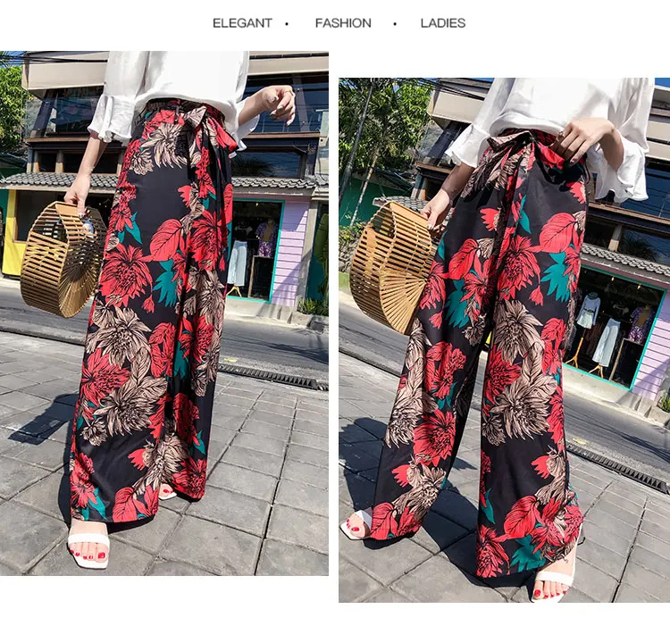 Летние новые винтажные Свободные Штаны Boho с высокой талией, свободные длинные женские брюки с цветочным принтом, повседневные женские пляжные штаны для отдыха