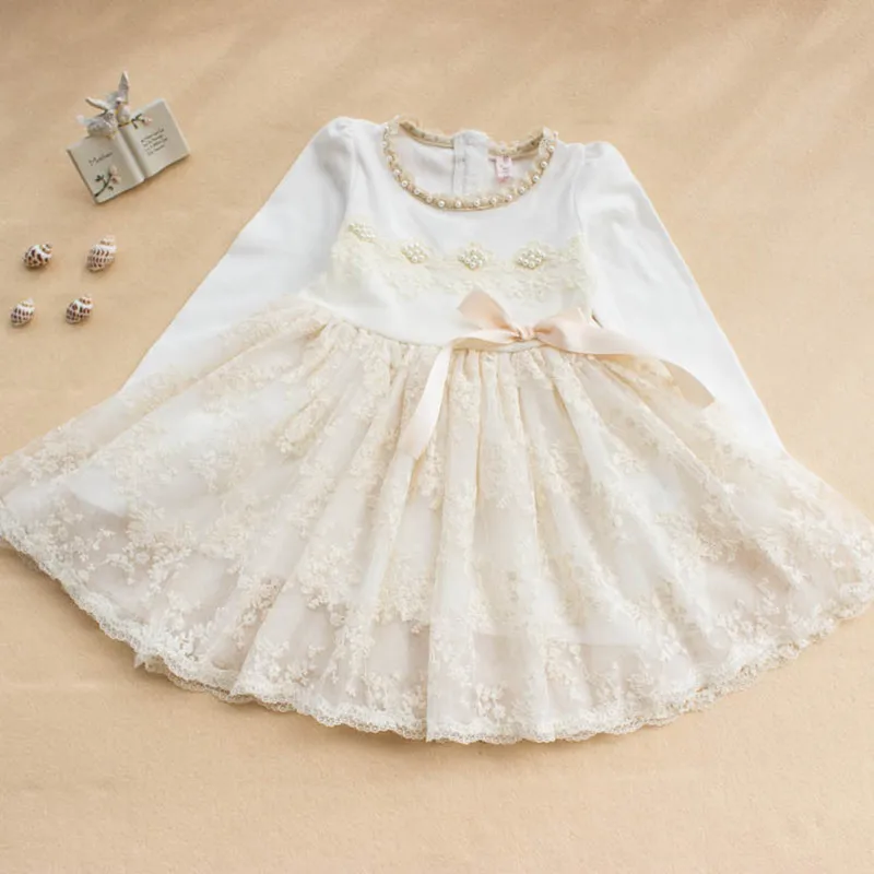 2019 Spring Toddler Kids Girls Dress Long Sleeve Pearls Lace Wedding Party Pageant Embroidery Dresses with Big Bow 4-7Y | Детская одежда