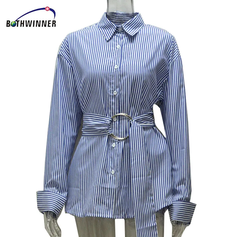 Bothwinner полосатая женская блузка рубашка Повседневная синяя 2017 Осень Зима крутая с