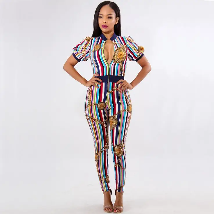 Autumn rompers womens jumpsuit Elegant One Piece Sexy golden chain print color striped Short-sleeved threshold zipper | Женская одежда