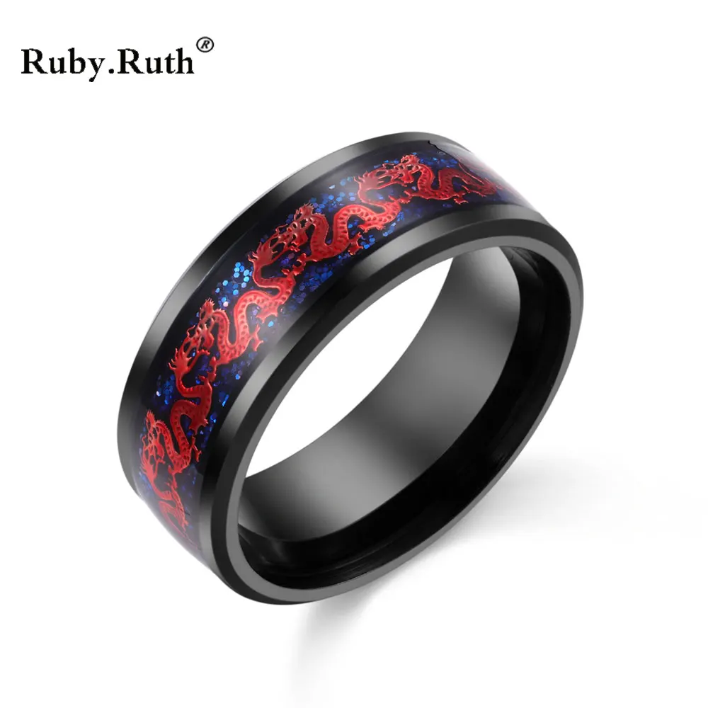 Red Ring Men Chinese Traditional Gold Dragon Inlay with Stainless steel Ring Jewelry  wholesale