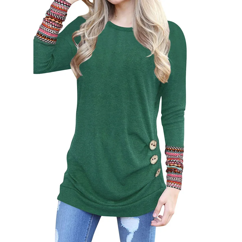 Women Black Top Fashion Button Pleated Long Sleeve T-Shirts Brand 2019 Autumn Spring T-shirt Casual O Neck Lady Green Grey | Женская