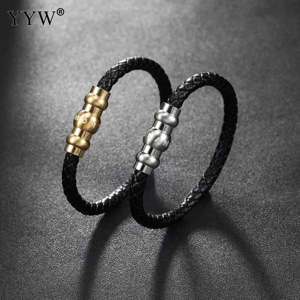 

YYW Trendy Round Genuine Leather Bracelets Men Luxury Stainless Steel Leather Bracelet Bangles Male Female Bracelets Jewelry
