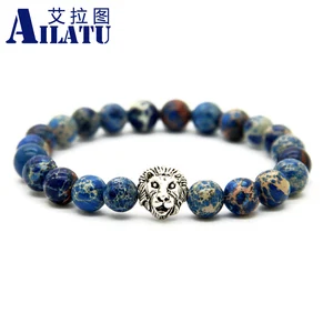Ailatu Men Silver Color Lion Head Bracelet 8mm Blue Earth Ocean Sea Sediment Stone Beads for Men's Gift