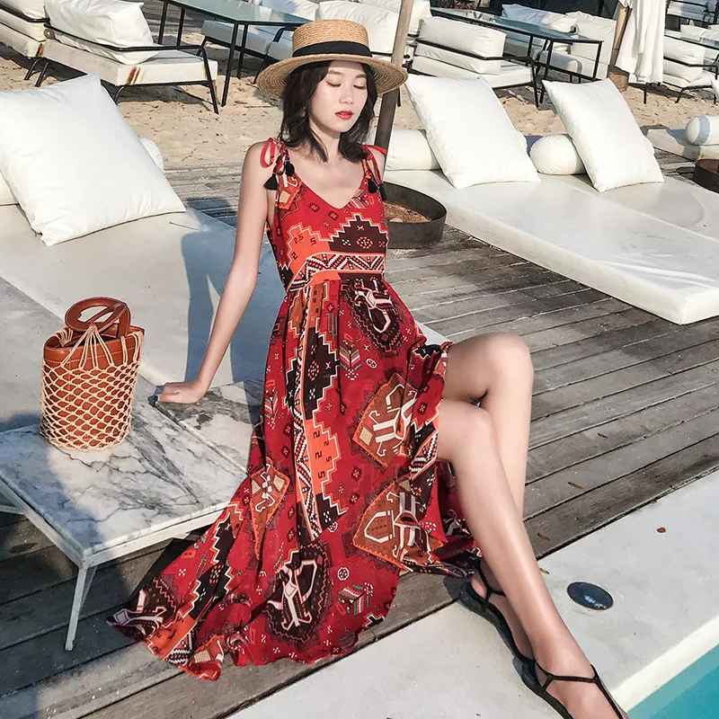 Spaghetti Strap V Neck Boho Maxi Woman Dress Empire Loose Sexy Vintage Beach Dresses Sleeveless Floral Printed Party Vestido | Женская