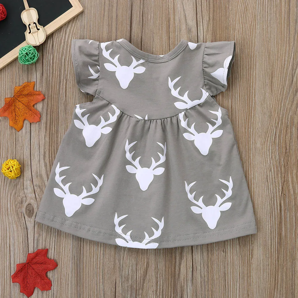 Cute Toddler Newborn Baby Girls Deers Print Princess Party Dress Tops Clothes Girl 2019 Vintage Infant | Детская одежда и обувь