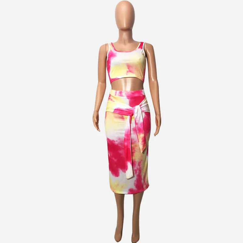 

2019 Sexy Women Two Piece Set Beach Outfits Tie Dye Crop Tank Top and Midi Skirt Set Bodycon Dress Summer Clothes Matching Sets