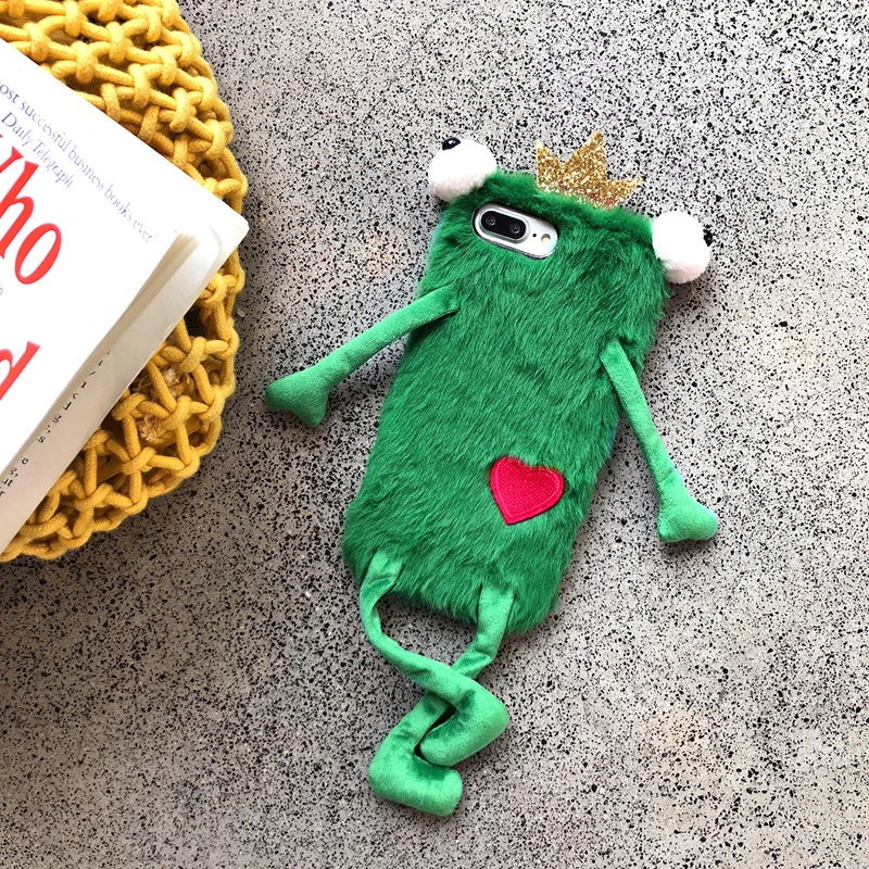 Cute Plush Fluffy Frog Cases for iPhone 11 pro max 8 Plus/7/8/6s plus/6 plus/6s/XS MAX/XR/XS/X Case 3D Winter Phone Cover | Мобильные