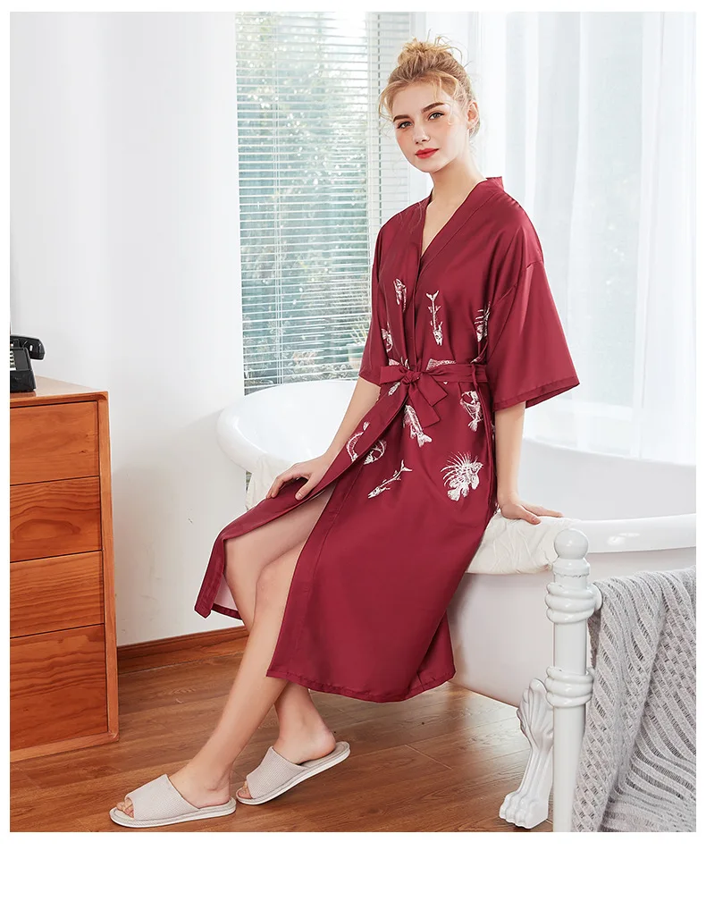 

Burgundy Women's Summer Robe Bathrobe Yukata Lady Rayon Kimono Bath Gown Nightgown Sleepwear Sleepshirts Pijama Mujer M-XL