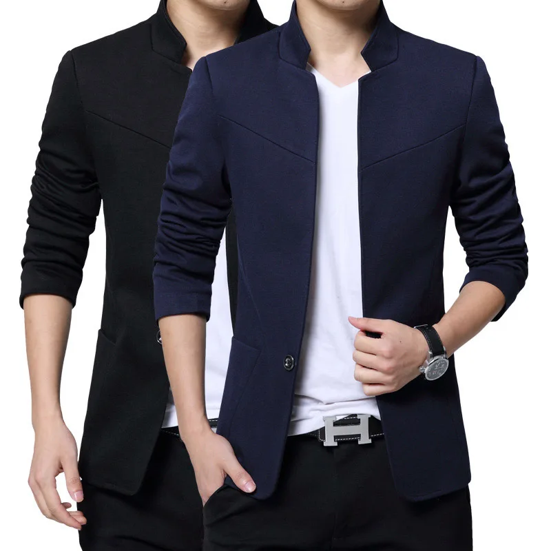 

Men's Casual Slim Fit Solid Suit Blazer Jacket Men Wedding Dress Blazer Male Stand Collar Blazer Masculino Pluse Size FS-125
