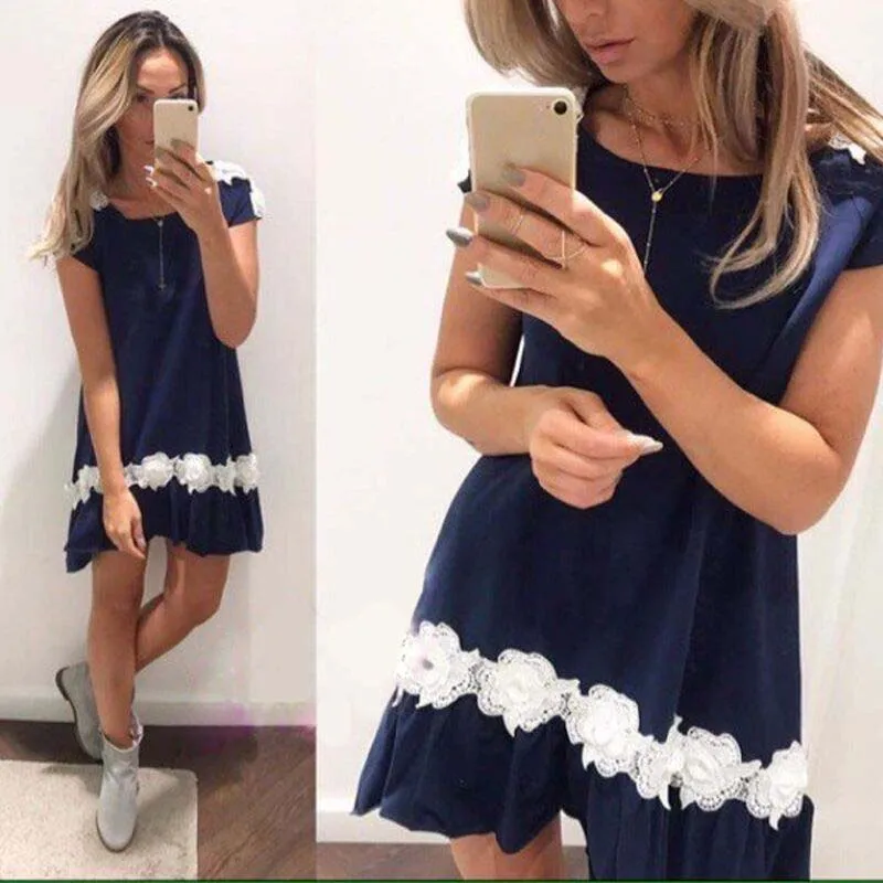Uncinba Лето 2017 г. платье Для женщин Кружево Лоскутные Цветы короткий рукав o