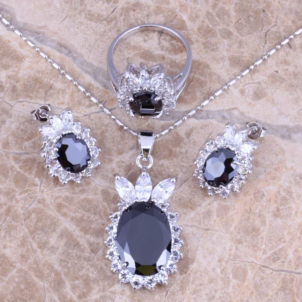 Волшебный черный кубический цирконий Белый CZ посеребренный комплект ювелирных