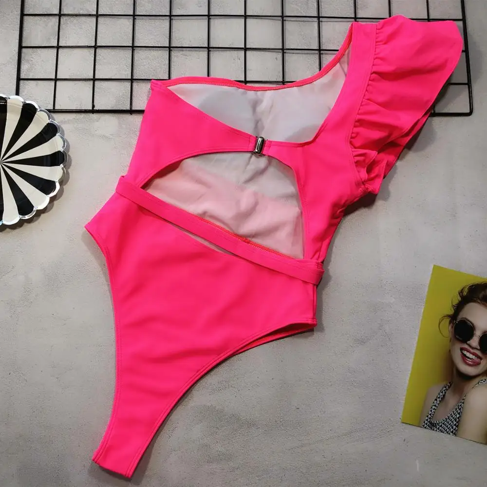 

2019 One Piece Swimsuit Women One Shoulder Ruffle Swimwear Belt Bikini Bodysuit Swimsuit Female Bathing Suit Summer Beach Wear