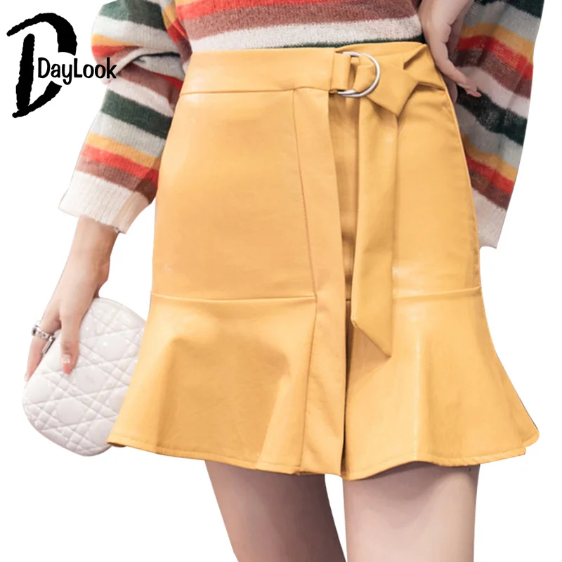 Daylook New Arrival PU Leather Skirts High Waist Sexy Ruffled A-Line Office Skirt Faux Pencil Solid Mini Bodycon Women | Женская одежда