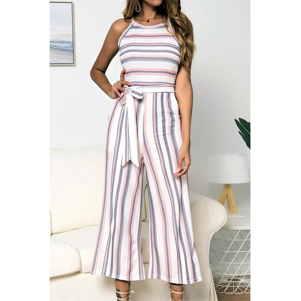 

Women Summer color striped printed sleeveless Bandage Jumpsuit wide leg pants