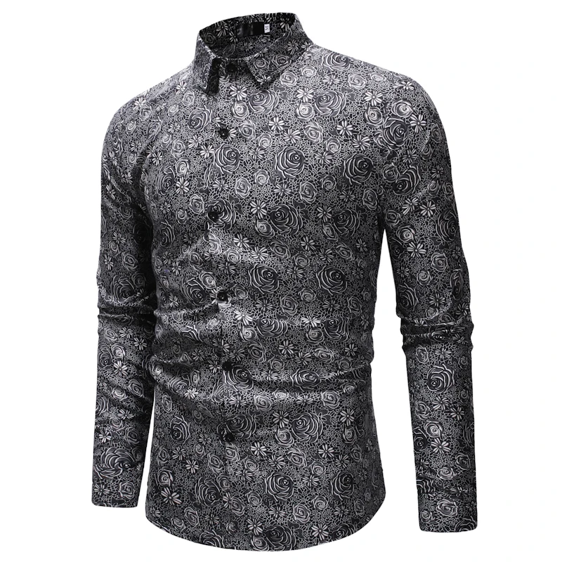 Fashion Men Personality Dark Floral Print Shirts Men's Casual Cotton Lapel Long-sleeved Slim for Male Spring Autumn | Мужская одежда