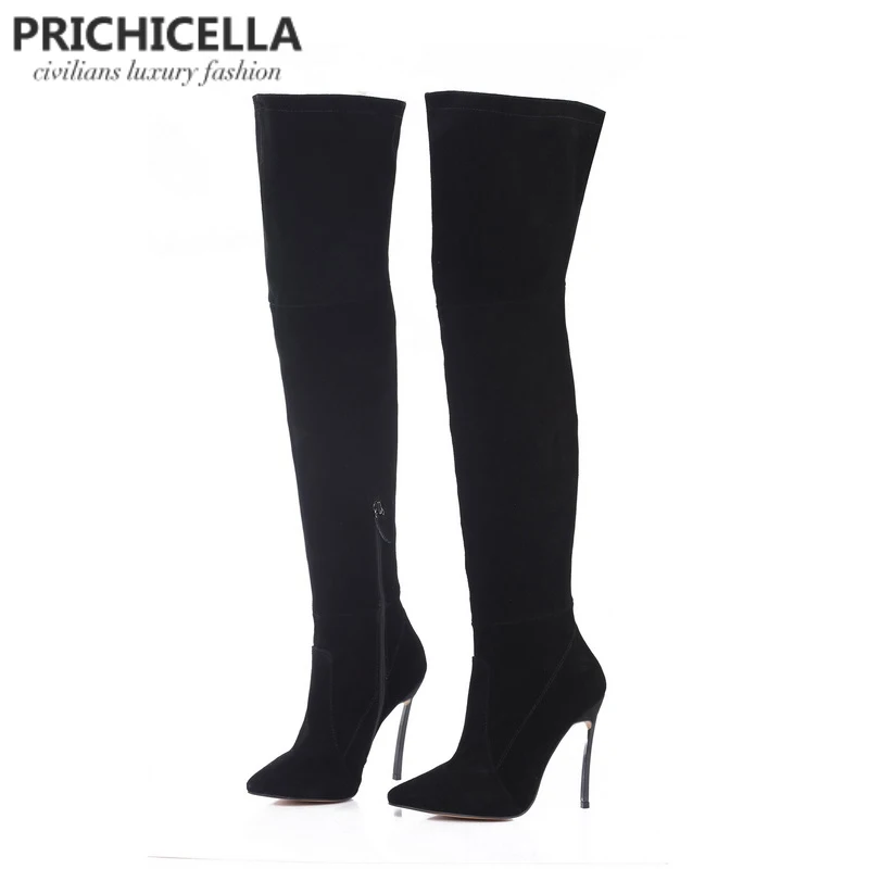 Кожаные Сапоги выше колена PRICHICELLA 8 см 10 цвет серый|high booties|knee bootsover knee boots |