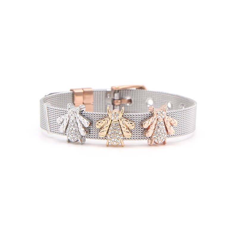 silver-rose gold SANSHOOR, дизайн, Женский сетчатый Браслет из нержавеющей стали с кристаллами, Уникальные Подвески в виде пчелы для женщин, сделай сам, модные подарки - Окраска металла: silver-rose gold