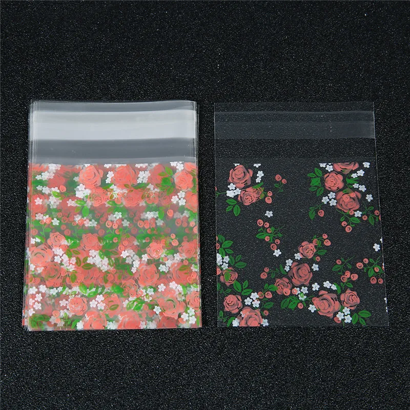 100pcs/lot Rose Flower Pattern Transparent Festive Gift Bags Cello Self-adhesive Cookie for Christmas Package | Украшения и