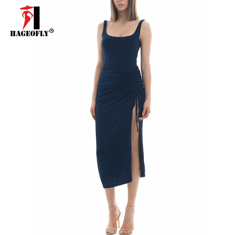 2019 New Midi Khaki Royal Blue Dress Sexy Spaghetti Strap Draped Waist Belt Bow Bodycon Club Party Women Dresses Vestidos | Женская